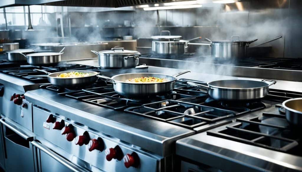 Commercial kitchen stove in operation